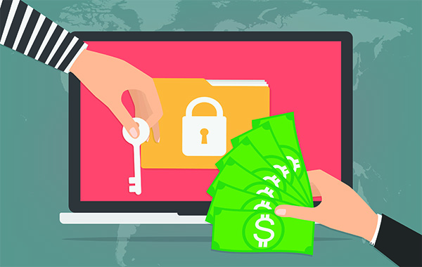 Businessman hand holding money banknote for paying the key from hacker for unlock folder got ransomware malware virus computer. Vector illustration technology data privacy and security concept.